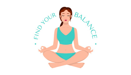 Flat vector illustration of girl doing yoga pose in minimal style. International Yoga Day concept. Meditation, calm and healthy lifestyle for poster or social