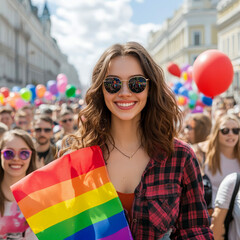 Woman celebrating Pride with rainbow flag at outdoor event