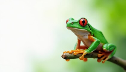 Naklejka premium Green tree frog perched on white, vibrant skin, isolated, fauna