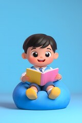 Cartoon boy reading a book on a beanbag chair against a light blue background