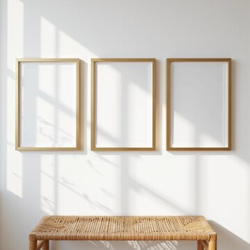 wall art poster frames gold frame decor gallery photo canvas painting print mockup mockups design three digital artwork printed shadow wooden bench natural sunlight golden minimalist minimal blank 