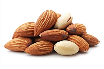 A small pile of almonds, mostly whole, with a couple showing the inner kernel, rests on a white background