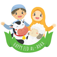 Happy eid al adha mubarak background, happy Muslim boy and girl with cow and sheep. qurban farm animal vector illustration