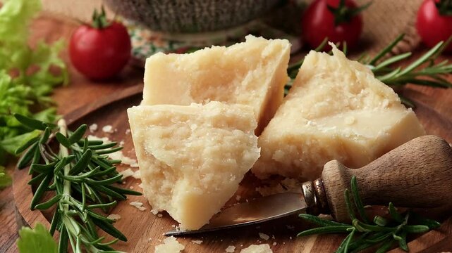 Parmesan pieces on wooden plate - traditional Italian cheese - closeup