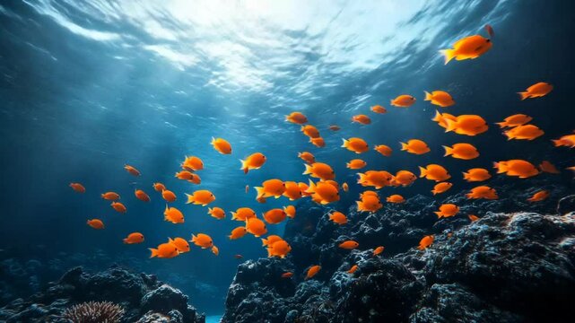 School of orange fish in coral reef.