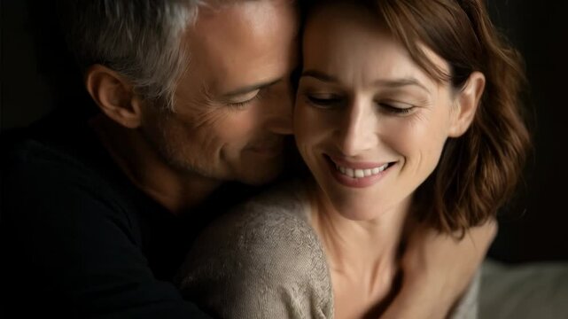 Middle aged man with grey hair tenderly embraces smiling middle aged woman with brown hair in a close intimate embrace