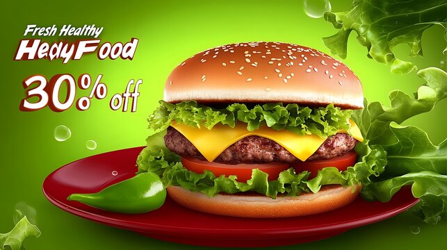 Delicious burger on a red plate with a discount offer. - Powered by Adobe
