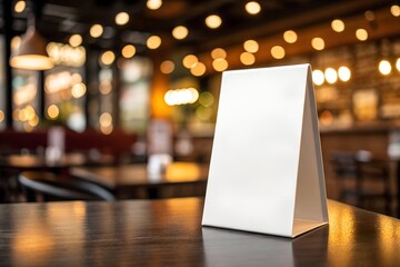 Blank table tent sign in a cozy restaurant setting