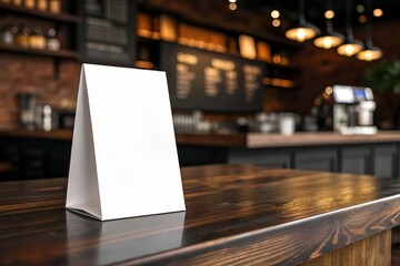 Blank tent card mockup on dark wood table in coffee shop