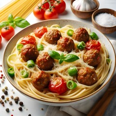 Delicious Spaghetti and Meatballs Dish with Fresh Basil and Parmesan Cheese