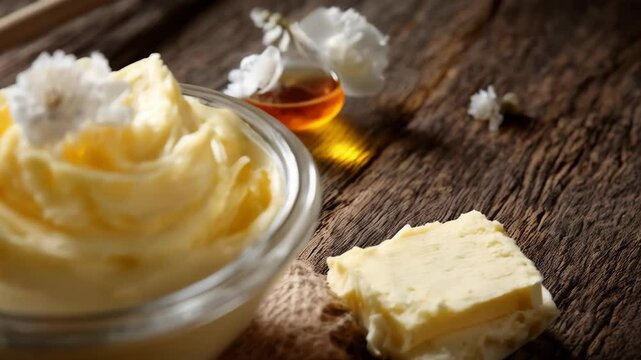 Close-up of whipped shea butter in a glass bowl with white flowers and wooden honey dipper on a textured wood surface.
