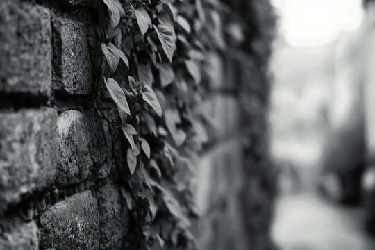 Monochrome image features leaves on a textured brick wall, with a blurred background suggesting depth.