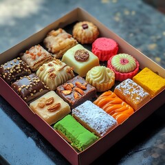 Assorted sweet treats in a gift box.
