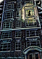 dark apartment building with one window lit and a silhouette