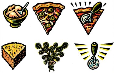six spot illustrations relating to pizza
