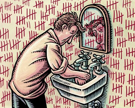 man washing hands compulsively with counting hash marks on wall like a prison