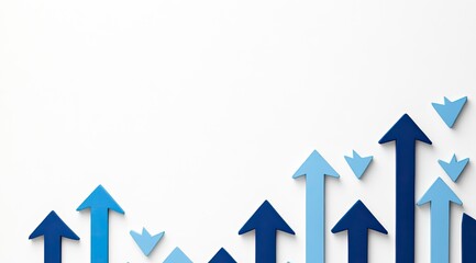 Blue upward arrows on white background, illustrating growth and success.  Multiple arrows of varying shades of blue,  pointing upward, create a visual representation of  progressive development
