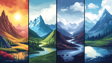 Four seasons depicted in a vibrant mountain landscape.