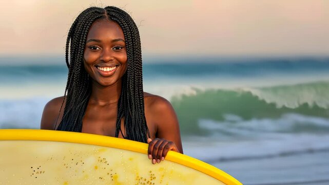 Radiant Surfside Smile: A beautiful woman with braided hair stands at the edge of the sea, her surfboard in hand, exuding confidence and joy.