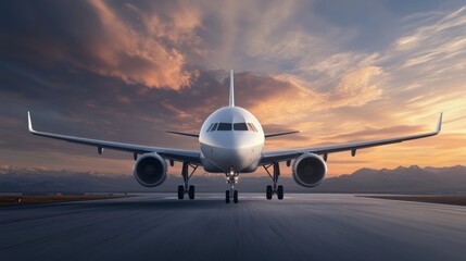 Obraz premium Aircraft on Runway with Dramatic Sunset Sky and Mountain Landscape