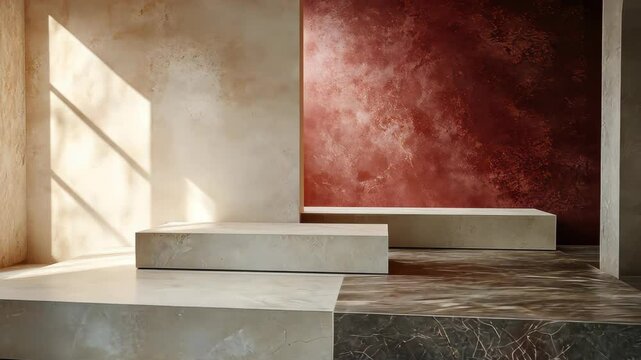 Architectural Stage with Shadows: A sophisticated and minimalist scene featuring an empty stage with a textured backdrop and strong shadows, ideal for product presentation and design showcases.