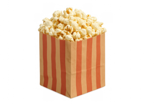 Classic striped paper box overflowing with delicious popcorn on a transparent background, perfect for movie night or snacking