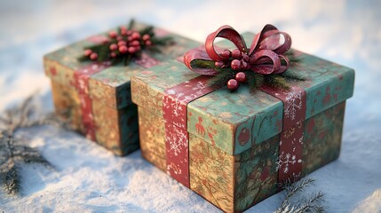 Two vintage-style gift boxes sit on a snowy surface.