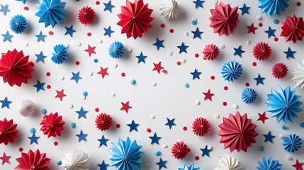 Fototapeta premium minimalist 4th of July concept, American flag elements, red white and blue color palette, clean composition, white background