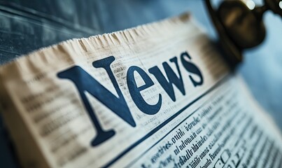 Close-up of vintage newspaper headline reading News.  Faded, slightly creased paper with text visible