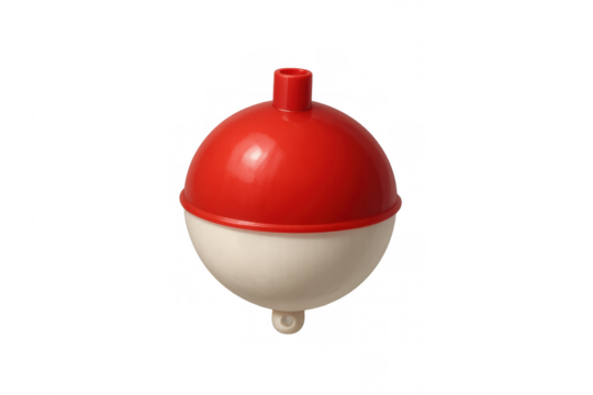 Vintage red white fishing bobber floating, highlighting classic angling gear against transparent background