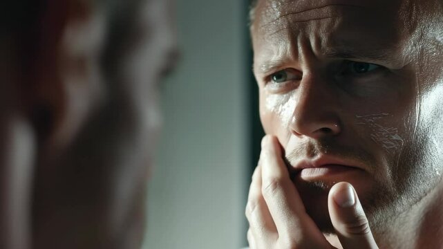 Close-up of an actor with intense expression, sweating and looking into a mirror during a dramatic scene.