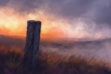 A lone wooden post stands in a field of grass as the sun sets in the horizon.