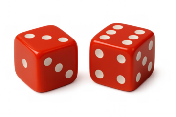 Two red dice showing the numbers three and six, isolated on a transparent background, perfect for gambling or game concepts