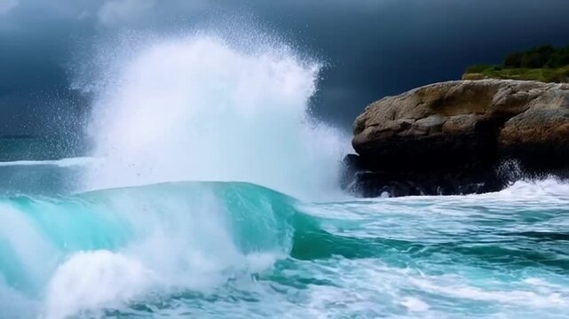  Violent sea during typhoon, with towering wave smashing rocks