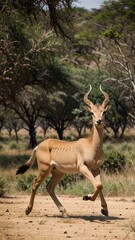 A gazelle in motion across a dusty plain.