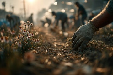 Gardening Hand in Action A CloseUp of a Gloved Hand Planting Seeds Amidst Wildflowers and Wor