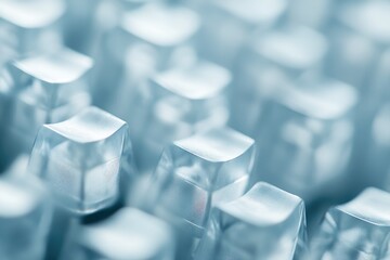 A close-up of translucent light blue keyboard keys, slightly out of focus, creating a textured, abstract pattern.