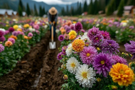Gardener Tending to a Vibrant Field of Colorful Flowers with Shovel Surrounded by Natures Bea