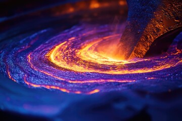 A glowing, abstract formation of swirling orange and blue, resembling a nebula or cosmic phenomenon with a solid edge.