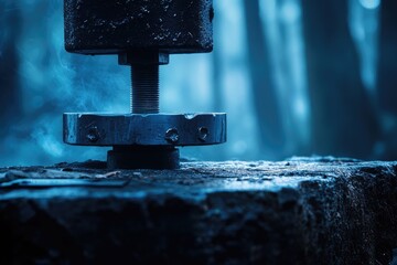A dark, monochromatic photograph of a metallic screw mechanism bathed in a cool blue light with a smoke-like mist.