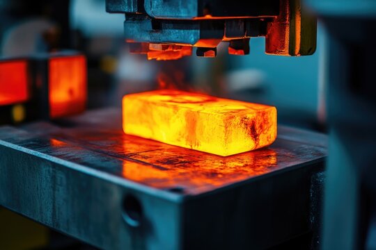 Hot metal billet under a hydraulic forging press ready to be shaped in an industrial setting. - Powered by Adobe