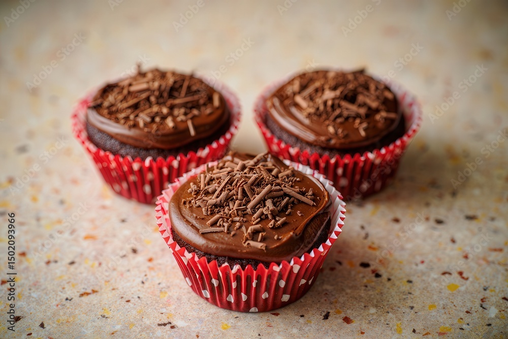 Poster three chocolate cupcakes with red frosting and sprinkles on top, sitting on a countertop.