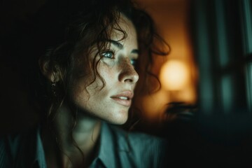 Thoughtful Woman in Soft Lighting Gazing into the Distance with a Warm Lamp in the Background