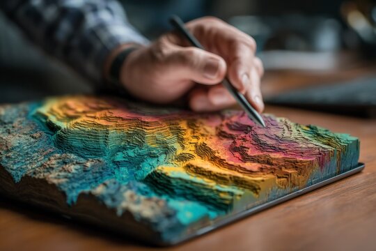 Hand Drawing on a Vibrant Topographic Map with Digital Pen Illustrating Creative Design and Ge