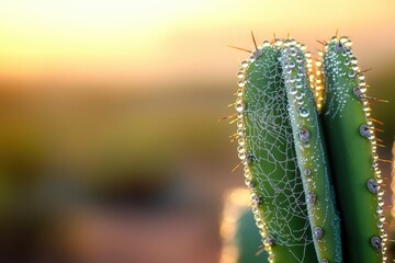 Naklejka premium Close-up of a green cactus covered in water droplets and a delicate spiderweb, illuminated by the warm, golden light of sunrise.