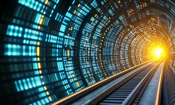 Digital tunnel with glowing binary code.