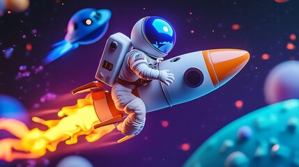 A space astronaut rides a rocket through the cosmos.