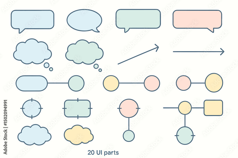 Poster collection of colorful ui elements featuring speech bubbles, thought clouds, and flowchart component