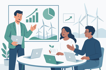 Business team discusses sustainable energy strategies in a modern office setting with graphs and wind turbines on display