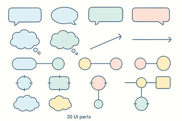 Collection of colorful UI elements featuring speech bubbles, thought clouds, and flowchart components for design purposes